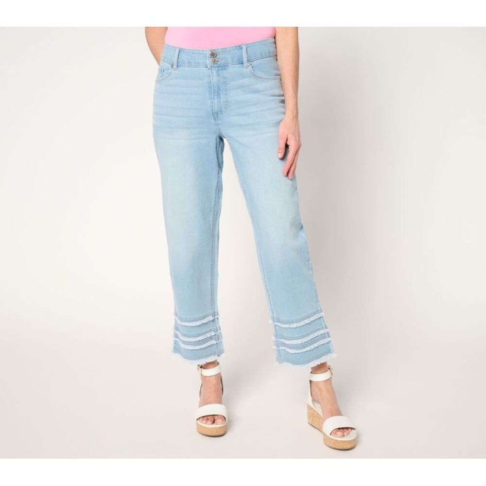 Susan Graver Women's Plus Sz Pants 18 Fray Hem Full Leg Jean Blue A681013